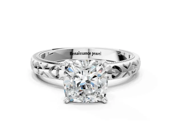 Cushion Cut Solitaire Diamond Engagement Ring with XO Engraved Band and Four-Prong Setting Platinum