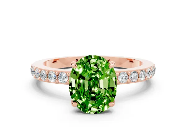 Oval Cut Peridot Solitaire Engagement Ring with Pavé Band and Four-Prong Setting Rose gold