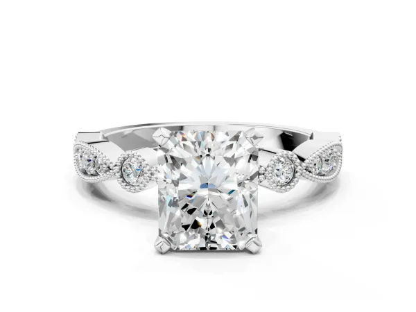 Radiant Cut Milgrain Bezel Diamond Engagement Ring with Solitaire Prong Setting Platinum