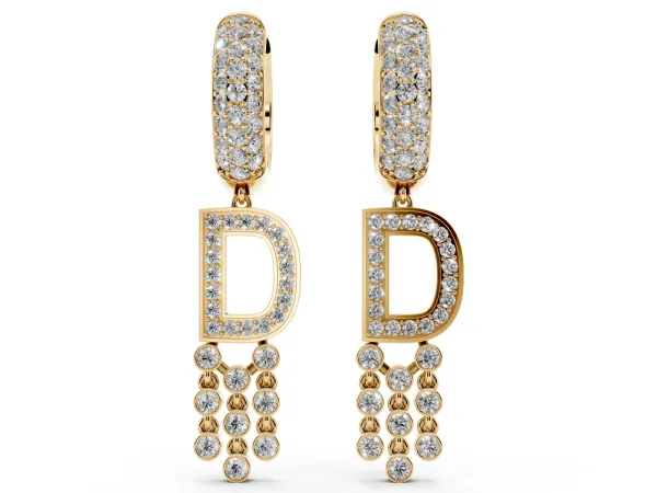 Round Diamond Initial D Huggie Hoop Earrings Yellow gold