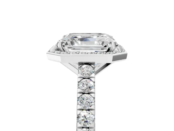 Asscher Cut Cut Halo Diamond Engagement Ring with Pave Band and Four-Prong Setting Platinum