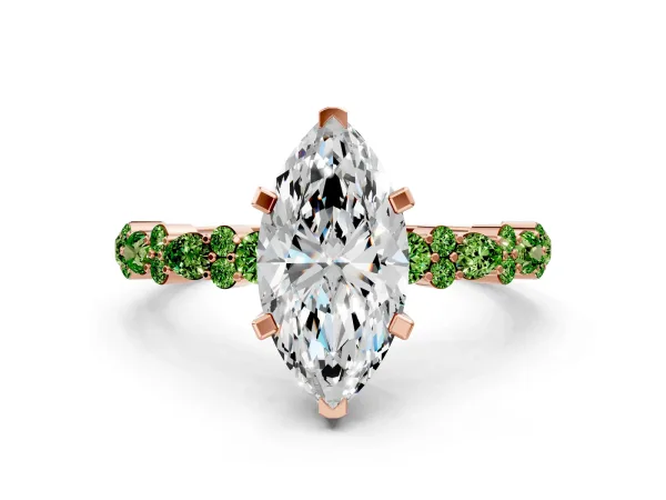 Marquise Cut Diamond Side Stone Solitaire Ring with Round Peridot and Four-Prong Setting Rose gold