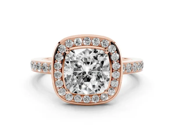 Cushion Cut Diamond Halo Ring with Bezel Frame and Pavé Band Rose gold