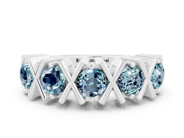 Round Aquamarine Channel Set Band with X-Prong Detail Platinum