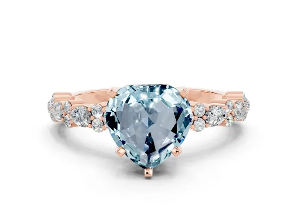 Heart Cut Aquamarine Side Stone Solitaire Ring with Round and Four-Prong Setting Rose gold