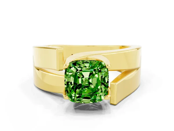 Modern Tension Set Cushion Cut Peridot Solitaire Wide Band Ring Yellow gold