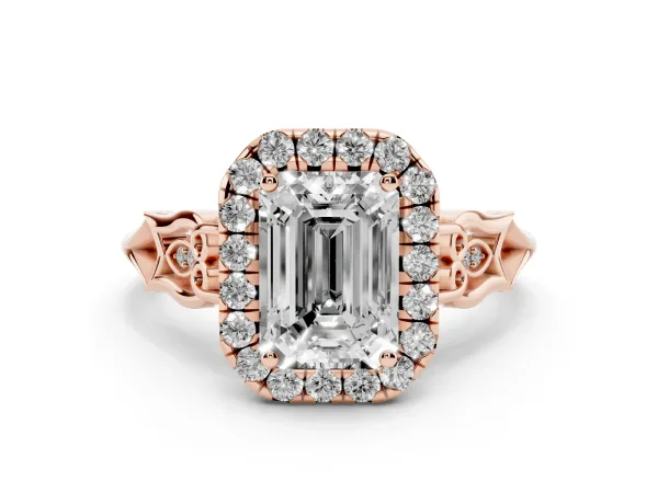 Emerald Cut Halo Diamond Engagement Ring with Filigree Band and Four-Prong Setting Rose gold