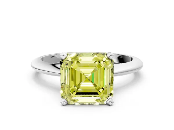 Fancy Yellow Asscher Cut Diamond Solitaire Engagement Ring with Classic Band and Four-Prong Setting Silver