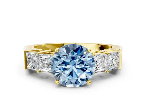 Fancy Blue Round Cut Solitaire Princess Side Stone Engraved Band Prong Setting Ring Yellow gold