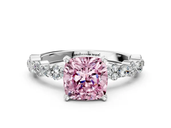 Fancy Pink Cushion Cut Diamond Side Stone Solitaire Ring with Round and Four-Prong Setting White gold