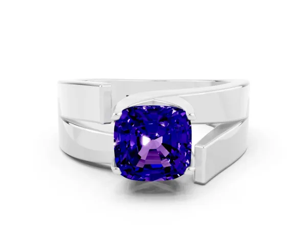 Modern Tension Set Cushion Cut Tanzanite Solitaire Wide Band Ring Platinum