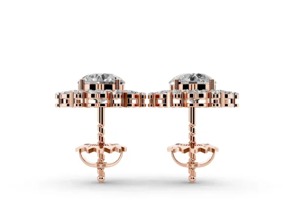 Round Diamond Double Halo Stud Earrings with Prong Setting Rose gold