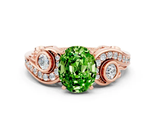 Oval Cut Peridot Solitaire Ring with Milgrain Pavé Band and Four-Prong Setting Rose gold