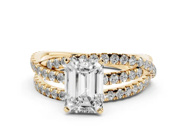 Emerald Cut Solitaire Twist Band with Pavé Setting and Four-Prong Setting Yellow gold