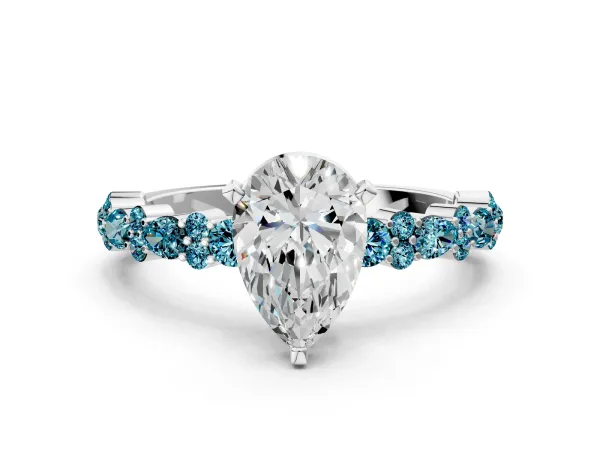 Pear Cut Diamond Side Stone Solitaire Ring with Round Blue Topaz and Four-Prong Setting White gold