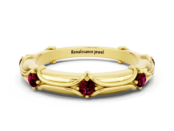 Round Garnet Prong Set Milgrain Eternity Band Yellow gold