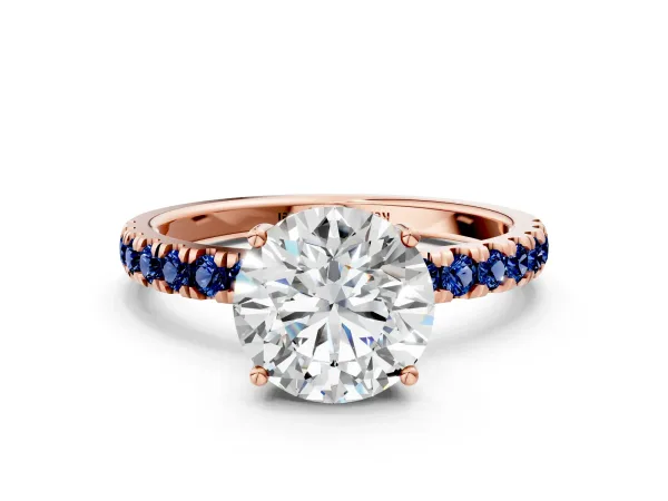 Round Cut Diamond Pave Band Solitaire Ring with Round Blue Sapphire and Prong Setting Rose gold