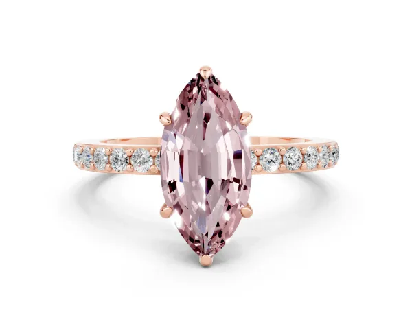 Marquise Cut Morganite Solitaire Engagement Ring with Pavé Band and Four-Prong Setting Rose gold