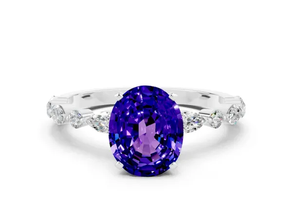 Oval Cut Tanzanite Ring with Marquise and Round Side Stones and Four-Prong Setting White gold