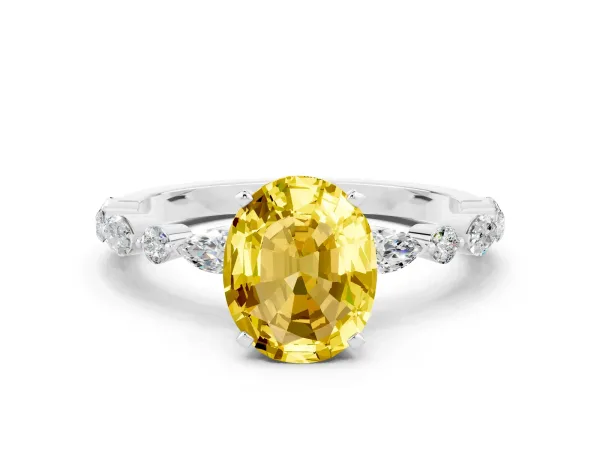 Oval Cut Yellow Sapphire Ring with Marquise and Round Side Stones and Four-Prong Setting White gold