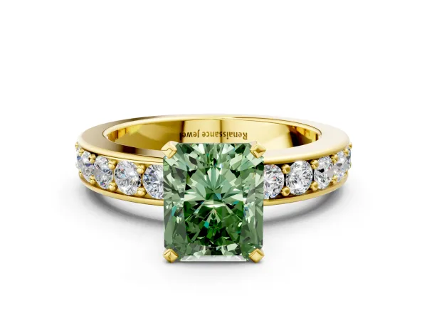 Fancy Green Radiant Cut Diamond Engagement Ring with Channel Set Round Band and Prong Setting Yellow gold