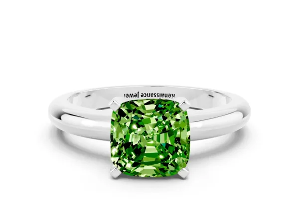 Cushion Cut Peridot Solitaire Engagement Ring with Round Band and Four-Prong Setting Silver