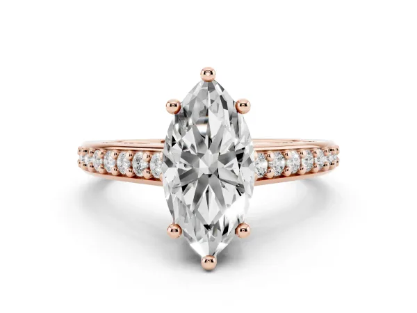 Marquise Cut Solitaire Prong Set Diamond Engagement Ring with Pave Band Rose gold