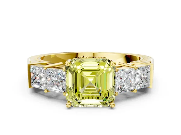Fancy Yellow Asscher Cut Solitaire Princess Side Stone Engraved Band Prong Setting Ring Yellow gold
