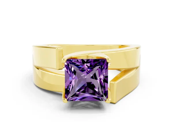 Modern Tension Set Princess Cut Amethyst Solitaire Wide Band Ring Yellow gold