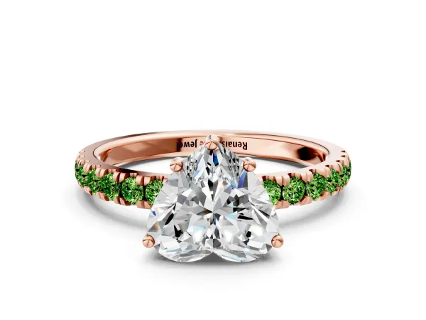 Heart Cut Diamond Pave Band Solitaire Ring with Round Peridot and Prong Setting Rose gold