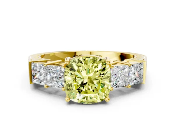 Fancy Yellow Cushion Cut Solitaire Princess Side Stone Engraved Band Prong Setting Ring Yellow gold