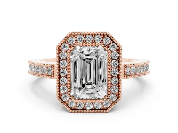 Emerald Cut Cut Halo Diamond Ring with Pavé Band and Milgrain Prong Setting Rose gold