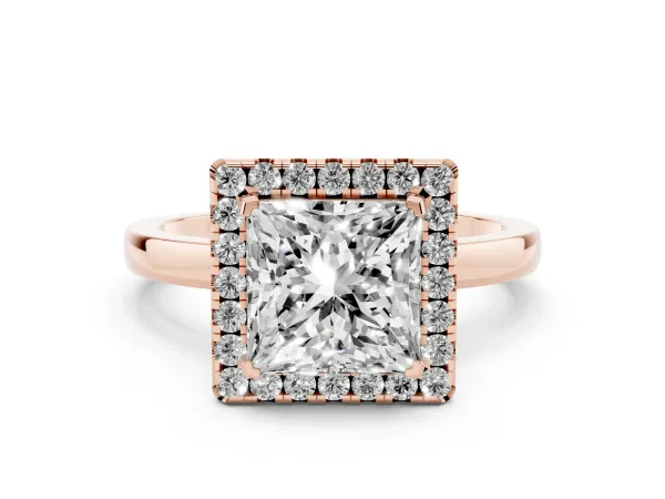Princess Cut Halo Diamond Solitaire with Pavé Band and Four-Prong Setting Rose gold