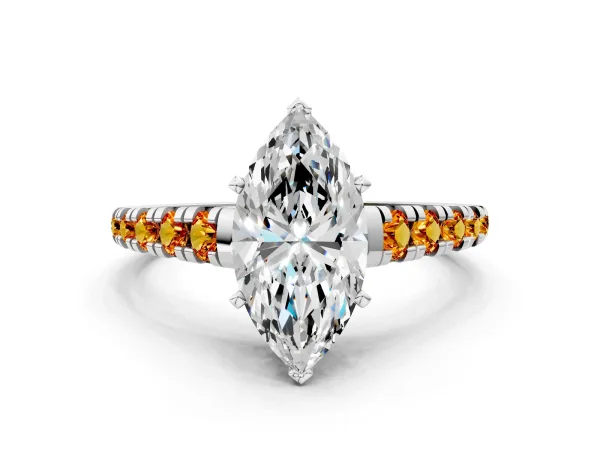 Marquise Cut Diamond Cathedral Solitaire Ring with Round Citrine Pavé Band White gold