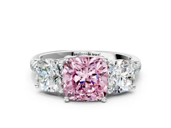 Fancy Pink Three-Stone Cushion Cut Diamond Ring with Round Pavé Band and Prong Setting Platinum