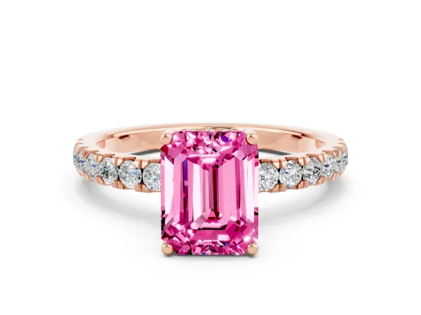 Emerald Cut Pink Sapphire Pave Band Solitaire Ring with Round and Prong Setting Rose gold