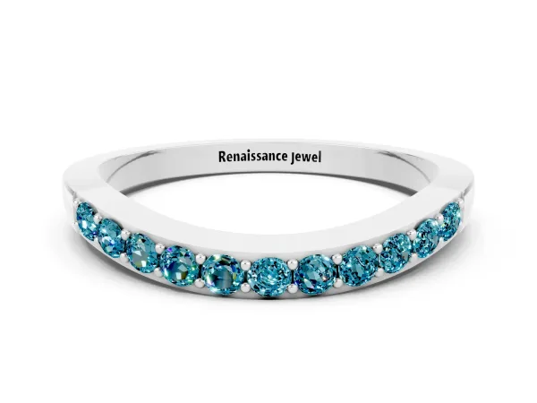 Round Blue Topaz Curved Wedding Band with Channel Setting Platinum