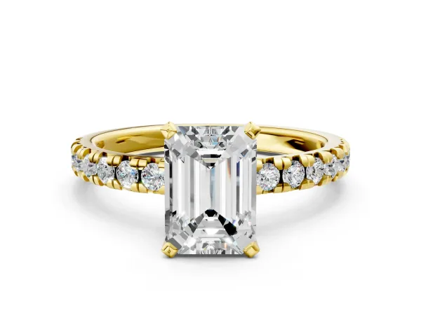 Emerald Cut Diamond Solitaire Pavé Engagement Ring with Round Band and Prong Setting Yellow gold