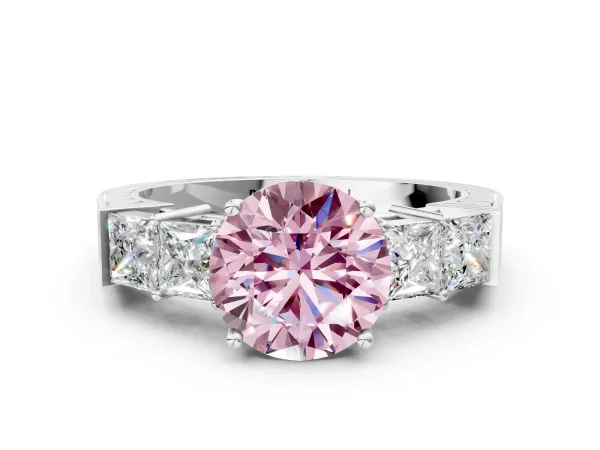 Fancy Pink Round Cut Solitaire Princess Side Stone Engraved Band Prong Setting Ring Platinum