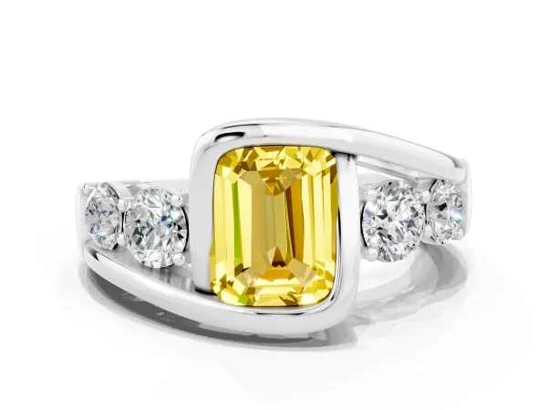 Bezel Set Emerald Cut Yellow Sapphire Bypass Ring with Round Accents Platinum