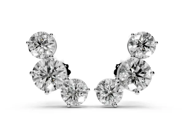 Round Cut Diamond Graduated Three-Stone Stud Earrings Platinum