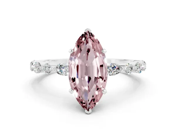 Marquise Cut Morganite Ring with Marquise and Round Side Stones and Four-Prong Setting White gold