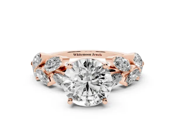 Round Cut Brilliant Diamond Solitaire with Marquise and Pear Accent Stones on a Split Shank Band with Four-Prong Setting Rose gold