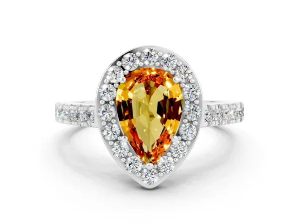 Pear Cut Citrine Halo Ring with Round Pavé Split Shank and Prong Setting Platinum