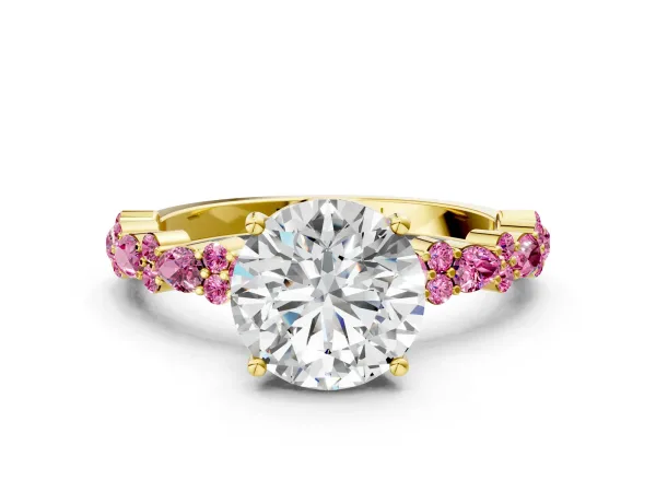 Round Cut Diamond Side Stone Solitaire Ring with Round Pink Sapphire and Four-Prong Setting Yellow gold