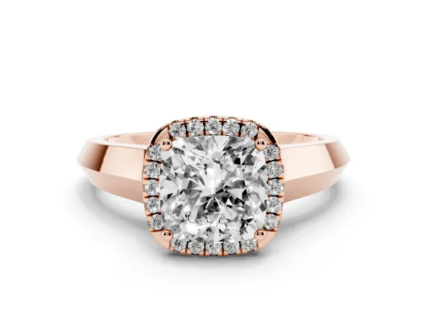 Cushion Cut Halo Diamond Ring with Cathedral Band and Four-Prong Setting Rose gold