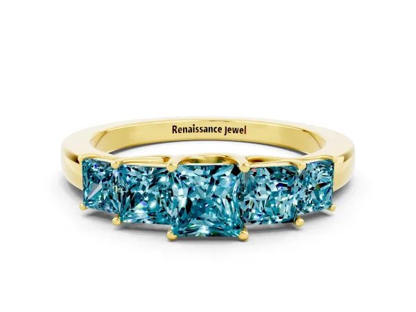 Princess Cut Five-Stone Blue Topaz Ring with Classic Prong Setting Yellow gold