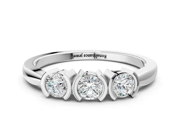 Three-Stone Round Diamond Half Bezel Prong Band White gold