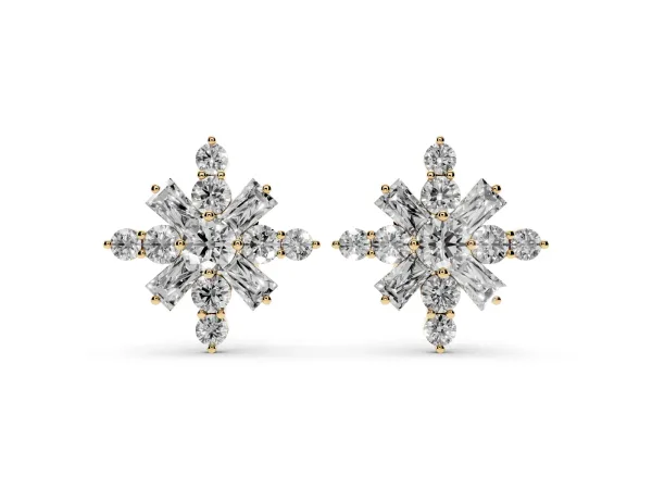 Round Cut Diamond Snowflake Cluster Stud Earrings Yellow gold