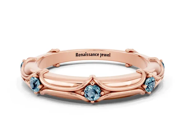 Round Aquamarine Prong Set Milgrain Eternity Band Rose gold